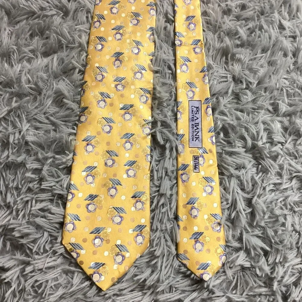 Jos‎ A Bank Signature Gold 100% Silk Tie Yellow Gold Blue Floral Necktie Limited